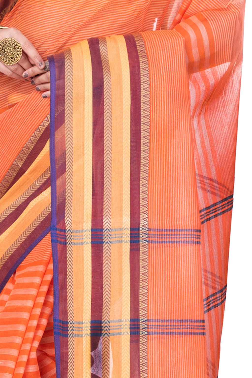 Orange Pure Cotton Khajur_Churi_Strip Tant Saree (656)